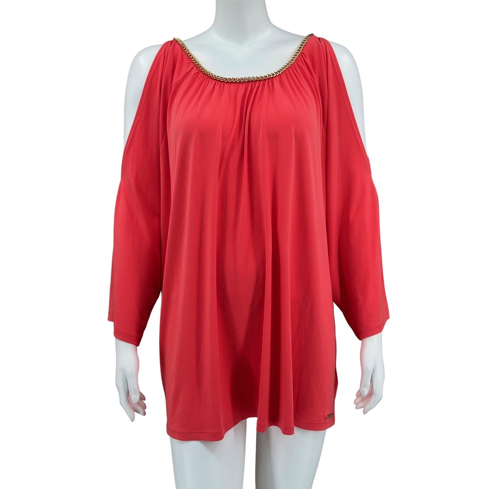 Michael Kors Top Womens 3X Coral Cold Shoulder Gold Chain Accent Flowy Party